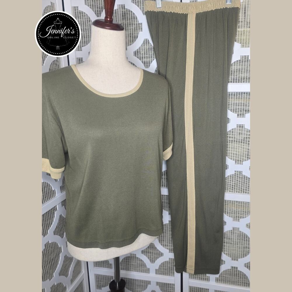 Willow Wear by Willow Creek Green & Tan 2-Piece Pant and Top Lounge Set M and L